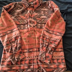 BKE Boyfriend Fleece Shacket in Rust and Chocolate